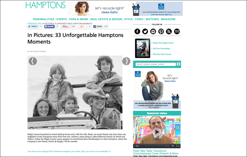 Portrait of Ralph and Ricky Lauren and family in a jeep on a Hamptons Beach